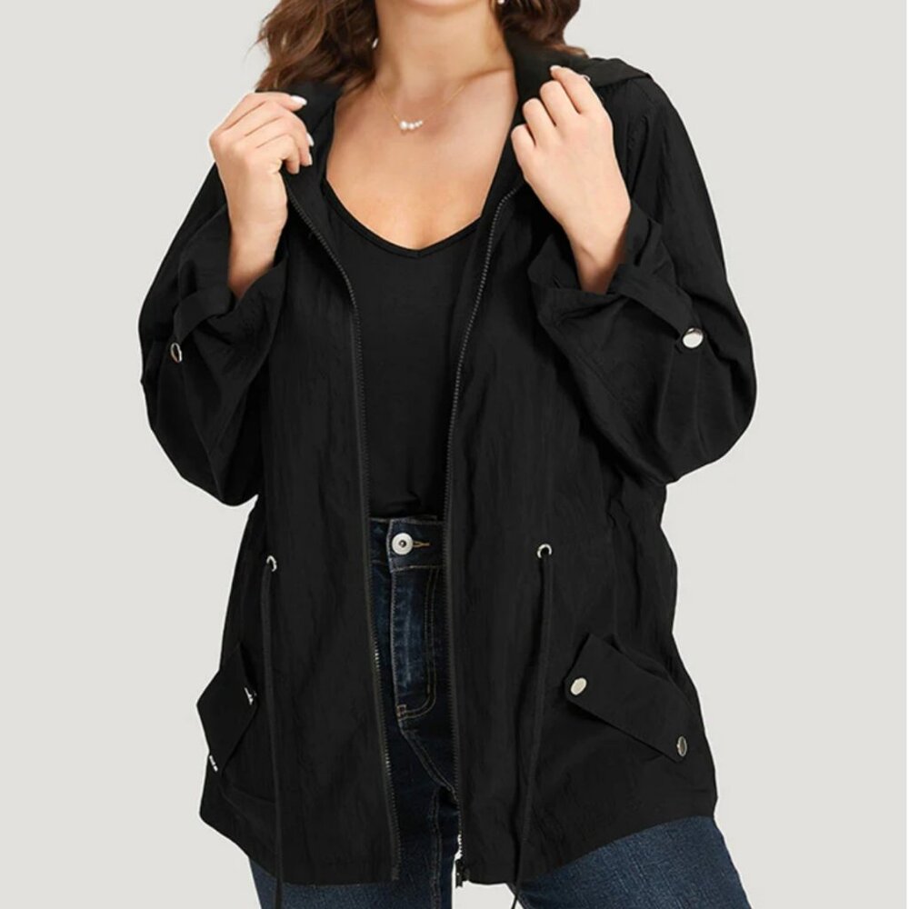 Bloomchic Black Plain Hooded Zipper Drawstring Tab Sleeve Coat